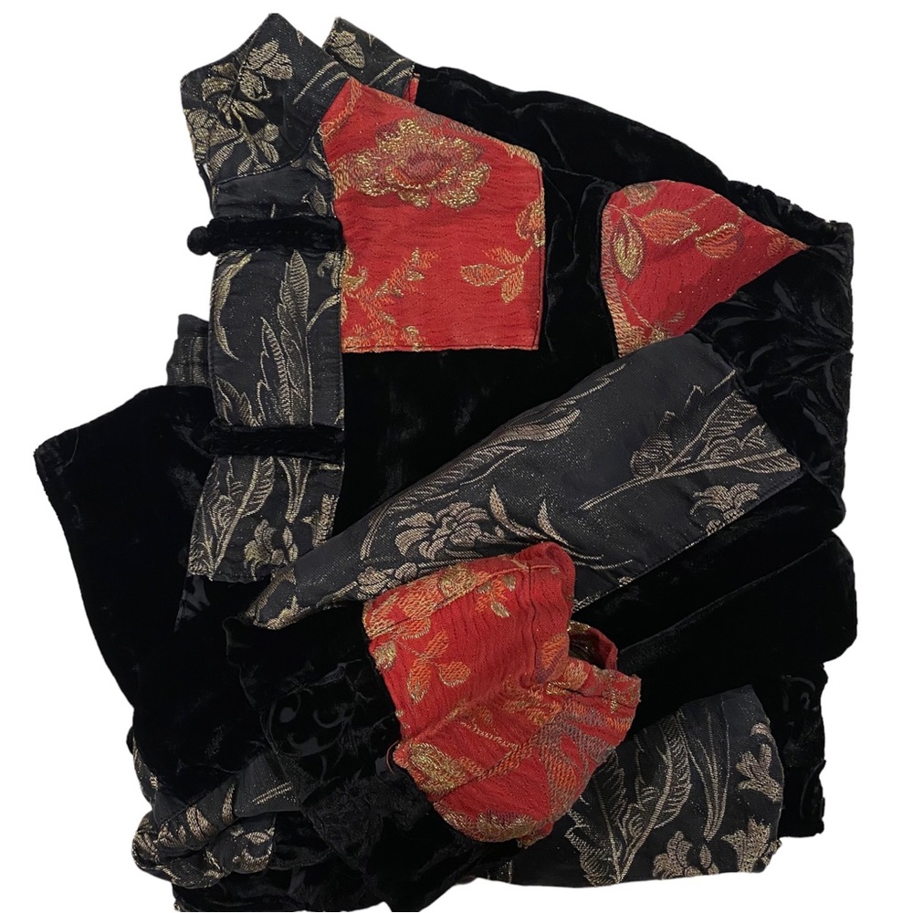 Vintage Asian Inspired Patchwork Button Down Velv… - image 3